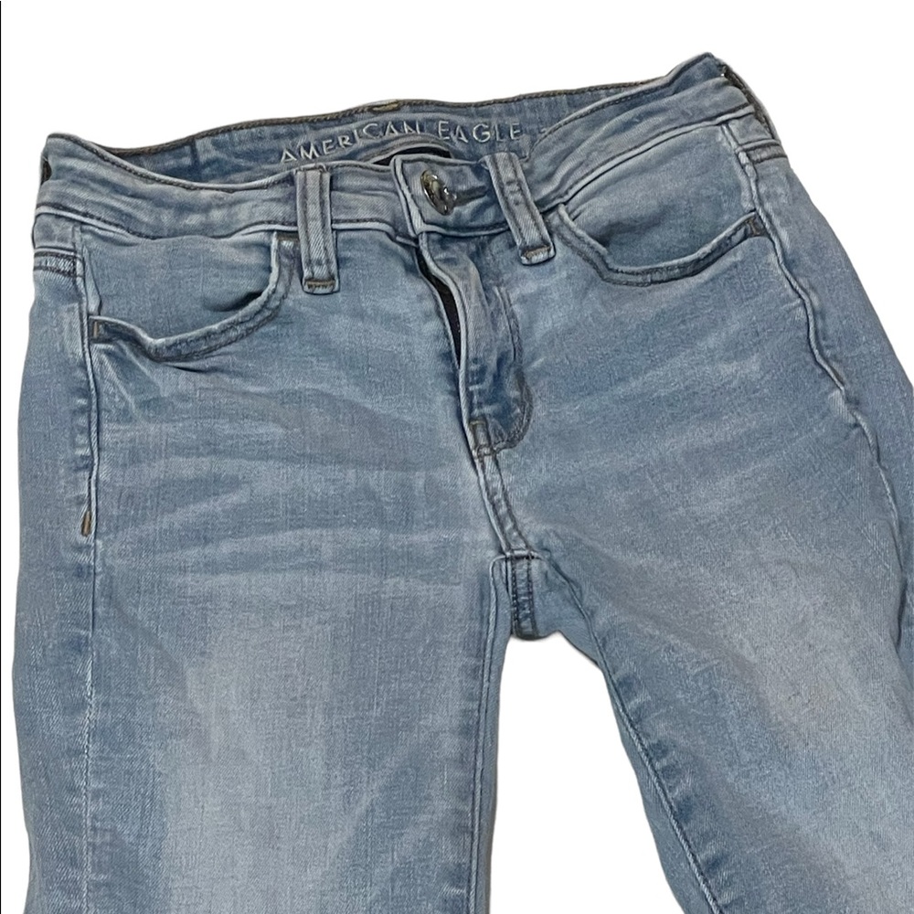 American Eagle distressed super‎ stretch jeans size 00 / 24 short THRASHED